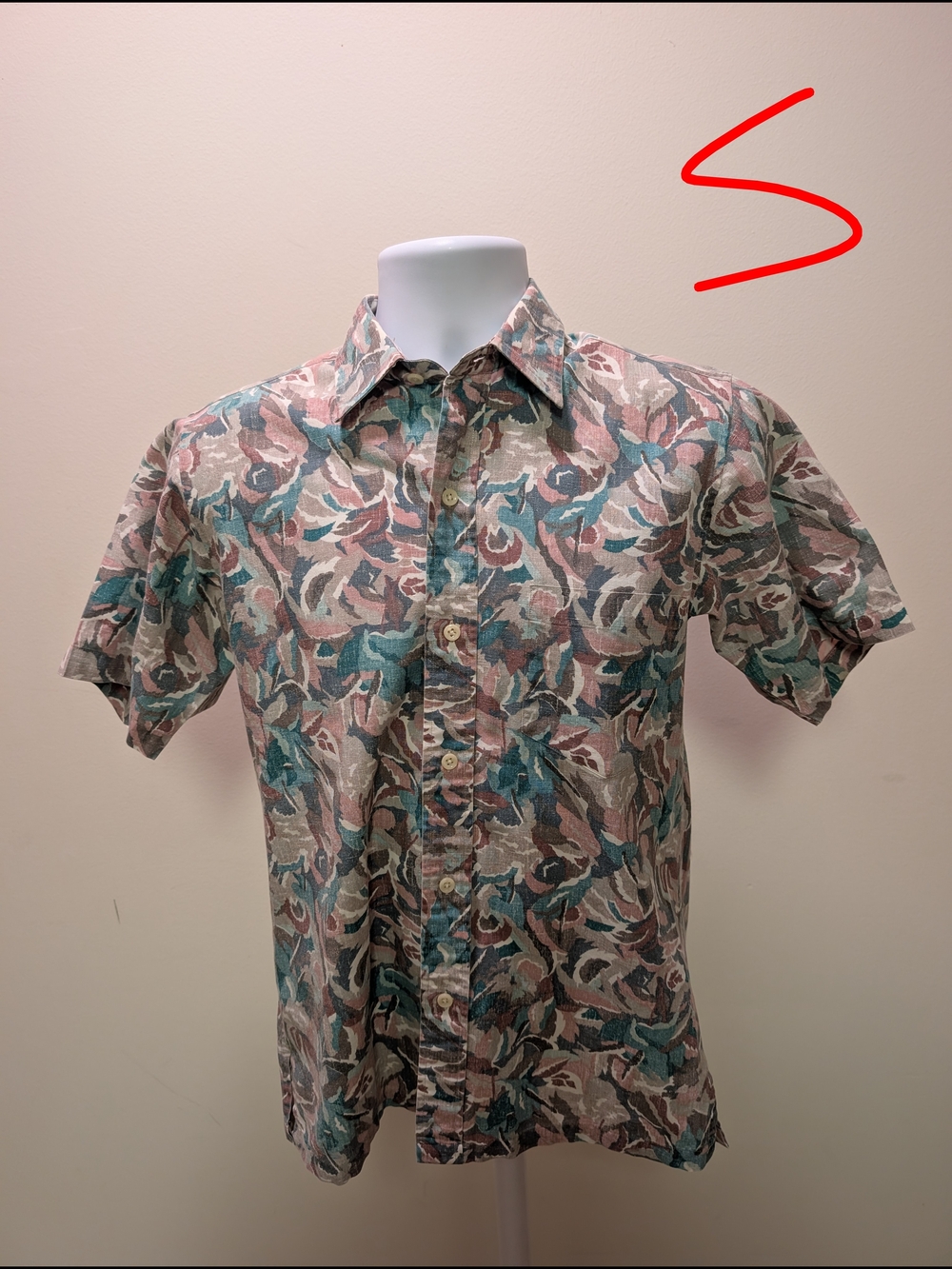 Men's Short-Sleeve Button-Up Shirt in Teal and Brown Floral Print
